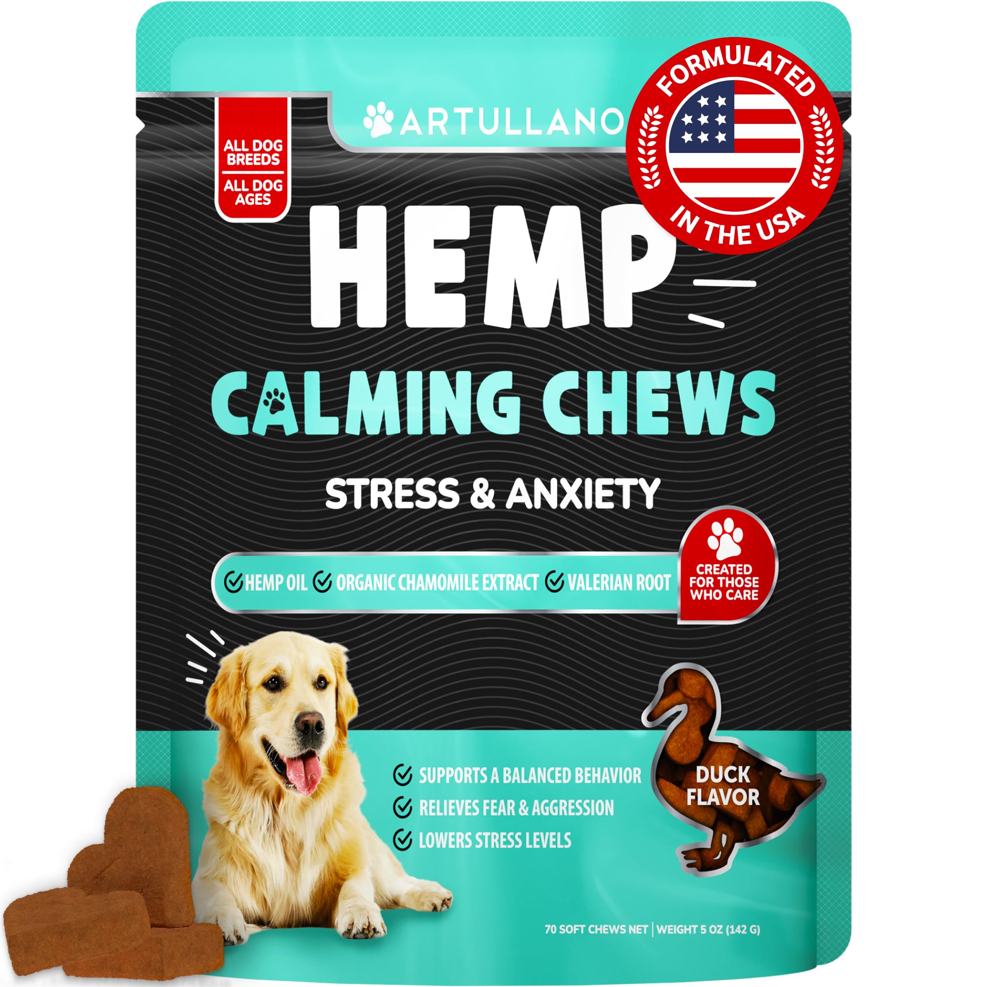 Hemp Calming Chews for Dogs - Dog Calming Chews - Dog Anxiety Relief Treats with Hemp Oil Turmeric Valerian Ginger - Health and Wellness Supplements for Dogs - Hip and Joint Support - 70 Treats